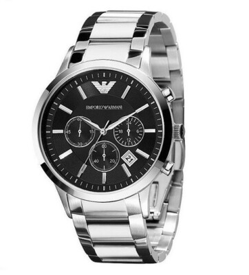 AR2434 Emporio Armani Silber Stahl Original Herrenuhr Schwarzes Zifferblatt
