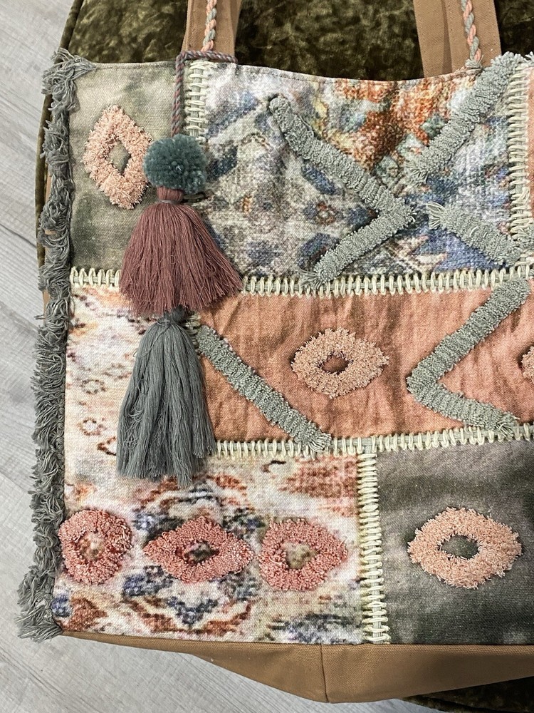 Crosstree Lane Boho embroidered peach patchwork tote with tassels