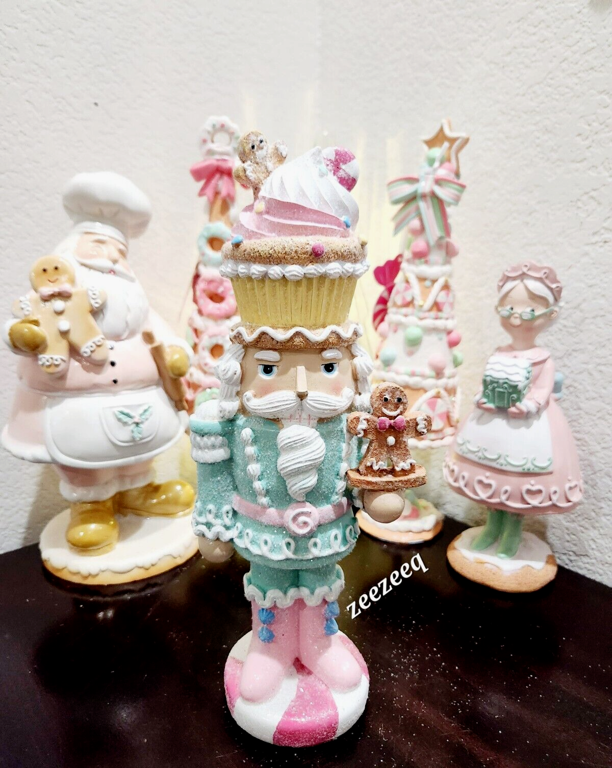 Cupcake Gingerbread Nutcracker Figure Pink Blue Pastel Christmas Figurine 12