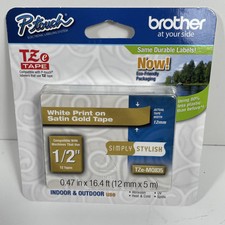 BROTHER P-TOUCH TZe Tape WHITE PRINT ON SATIN GOLD 1/2" .47" X 16.4 feet NIP