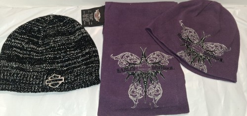 Vintage Harley Davidson Purple Rhinestone Tribal Butterfly Beanie Hat & Scarf...