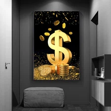 Abstract Dollar Money Canvas Art – Gold Coin Wall Poster Print Home Decor
