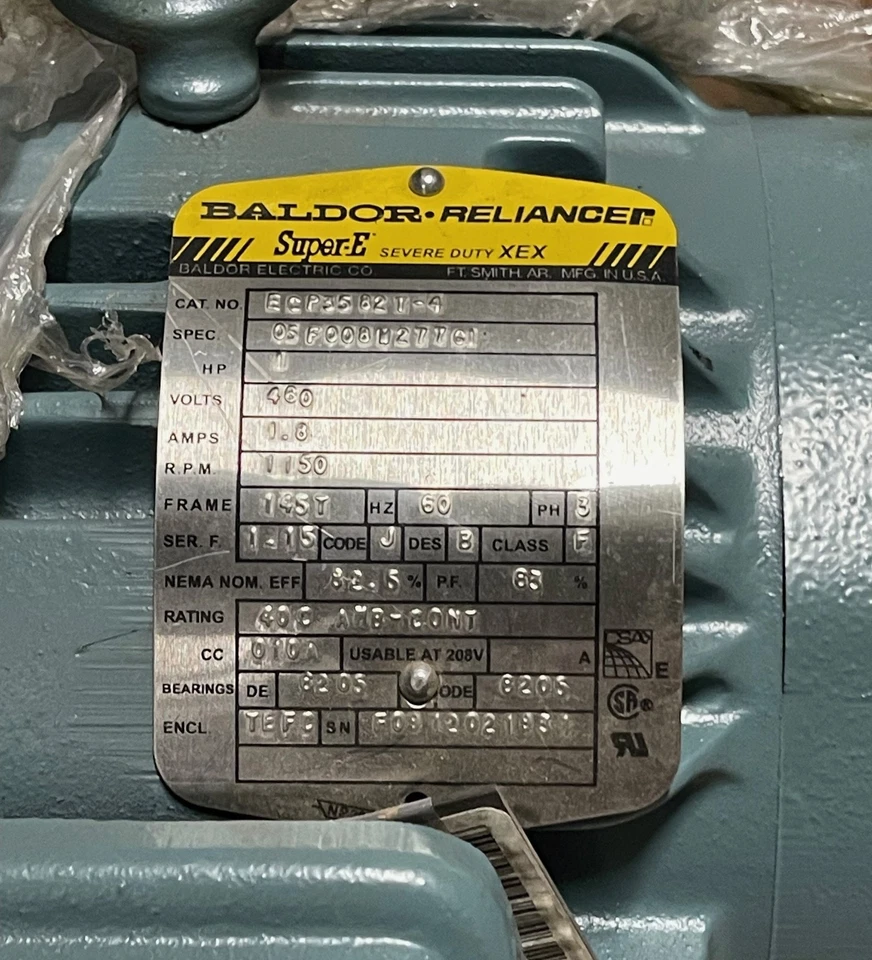 BALDOR-RELIANCE ECP3582T-4 SUPER-E SEVERE DUTY XEX MOTOR 460V 3PH 1HP 1.8A - Image 3 of 4