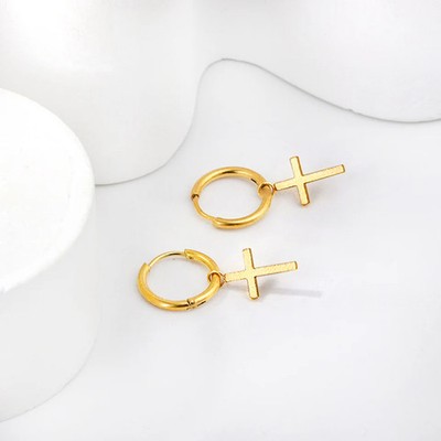 Cross Drop Hoop Earrings Stainless Steel Pendant Huggie Piercing Unisex Jewelry