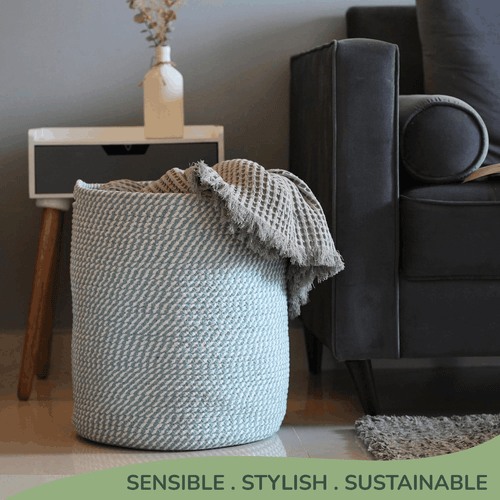 Recycled Cotton Laundry Basket Woven Rope Blanket Storage Basket Toys Towels - Picture 2 of 6