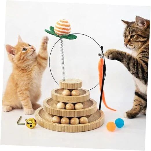 Cat Toy Ball Track with 2 Teasers, 3-Level Cat Ball Tower, 4-in-1 Kitty Toys,