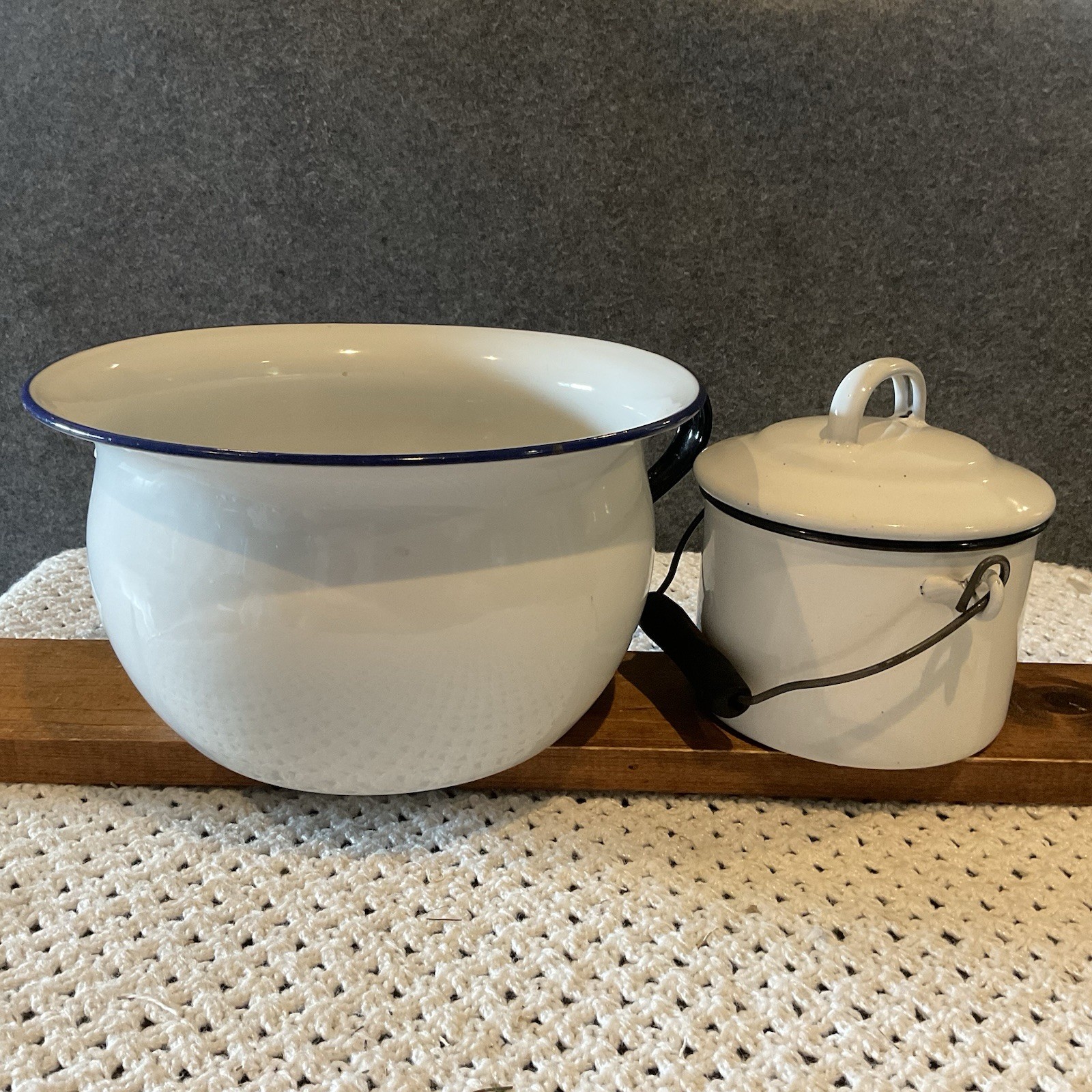 Kockums Enamelware Bucket, Bowl, Pot Set with Lid White Blue Trim Vintage