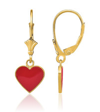 14K Solid Yellow Gold Heart Dangle Earrings