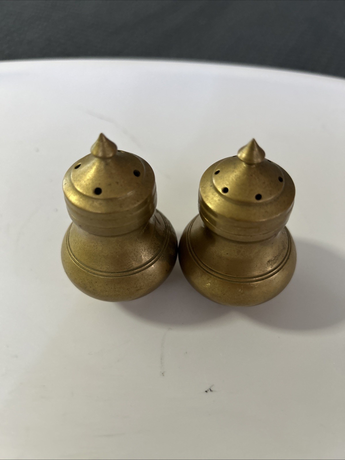 Vintage Solid Brass Miniature Salt & Pepper Shakers 2”  Some Tarnish