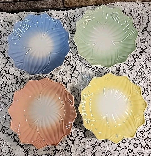 Vintage 50s Anchor Hocking Fire King Lotus Blossom Leaf Plates Set/4 Milk Glass