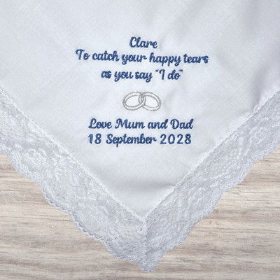 Eltern zur Braut Taschentuch, personalisiert weiß Spitze bestickt Hochzeit Taschentuch
