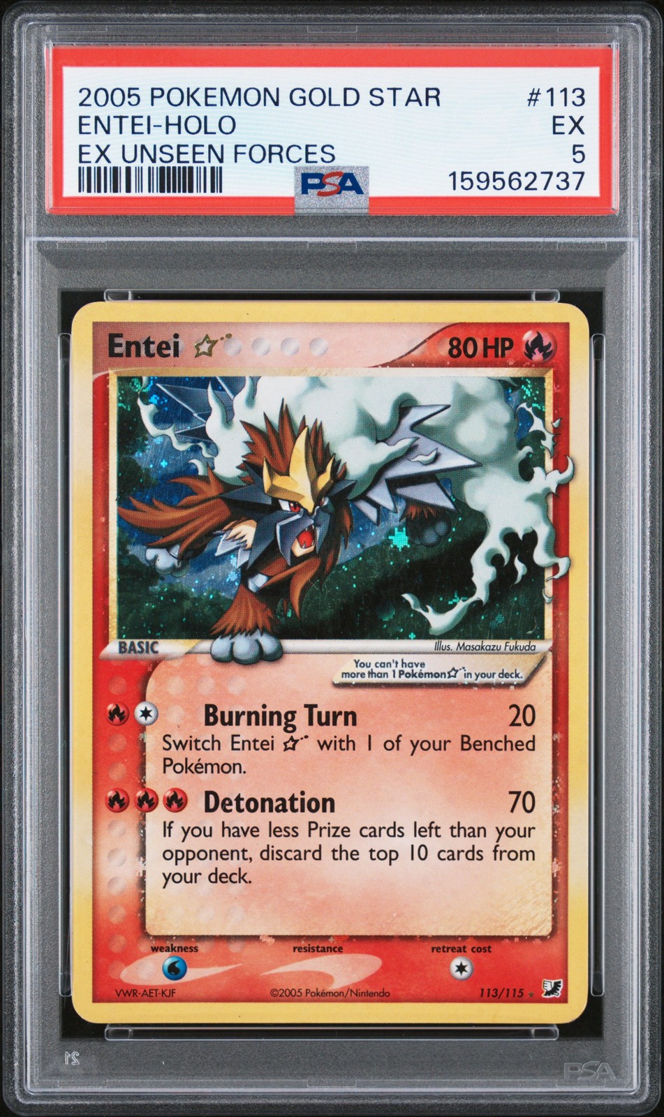2005 Pokemon Gold Star EX Unseen Forces 113 Entei Holo PSA 5 159562737