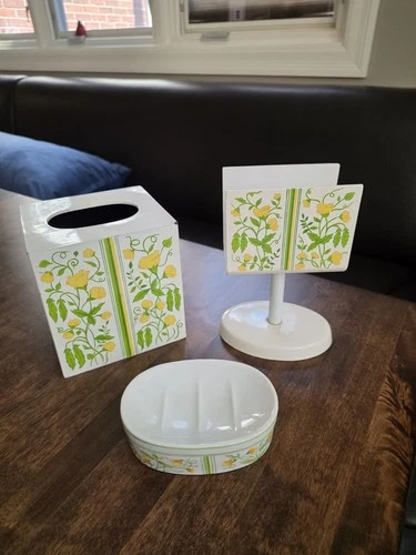 Vintage Seven Seas Retro Yellow Floral Vanity Tissue Box Towel Holder Soap Dish