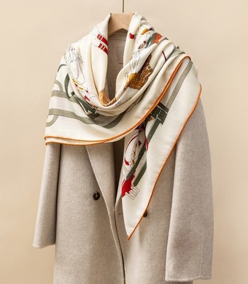 70% Cashmere & 30% Silk Wrap Scarf Green horse Print Double Face Print Shawl 51''