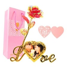 24K Gold Rose Birthday Gifts for Women with Love Picture Frame Stand, Red