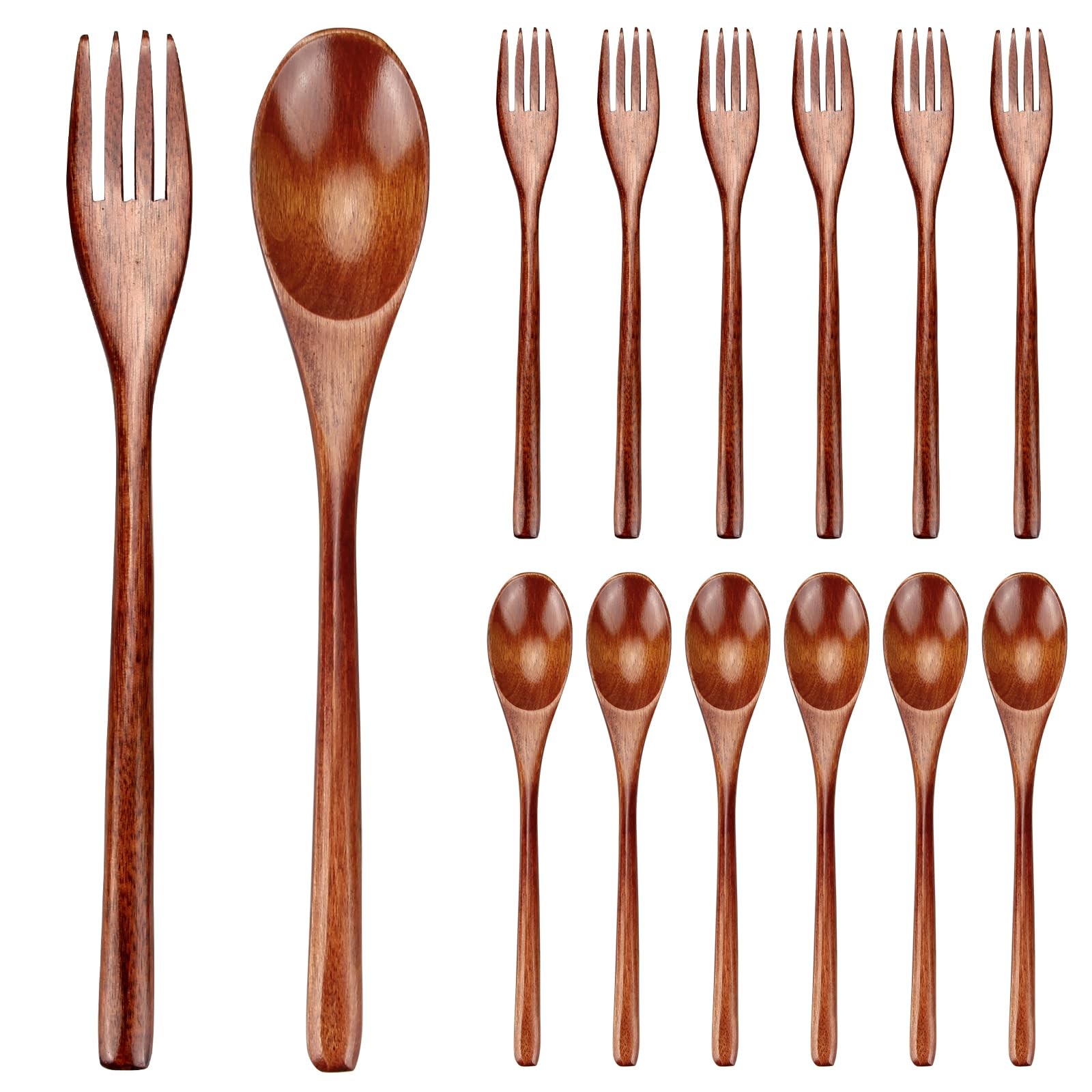 12 Pieces Wooden Forks and Spoons for Eating Utensil Set Lunch Wooden Cutlery