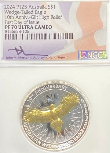 2024 P125 AUSTRALIA $1 SILVER WEDGE TAIL 10th ANN GILT HIGH 1st DAY NGC PF70 UC