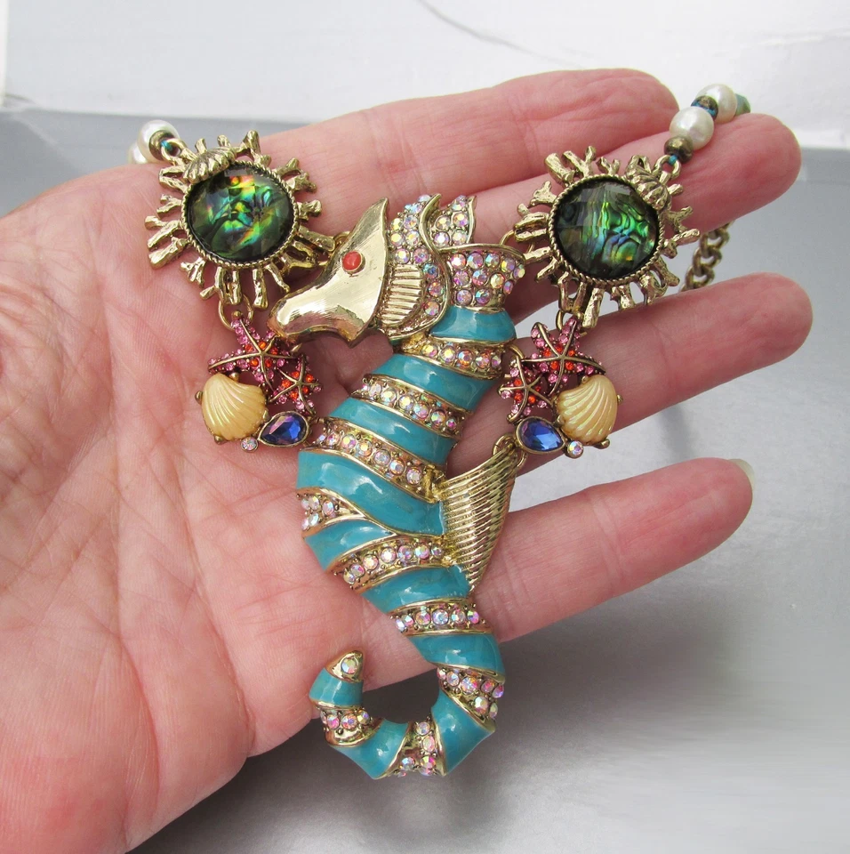 Betsey Johnson Nautical Collection SEAHORSE Rhinestone Enamel Pendant Necklace - Image 3 of 4