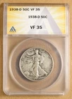 1938 D Walking Liberty Half Dollar ANACS VF35