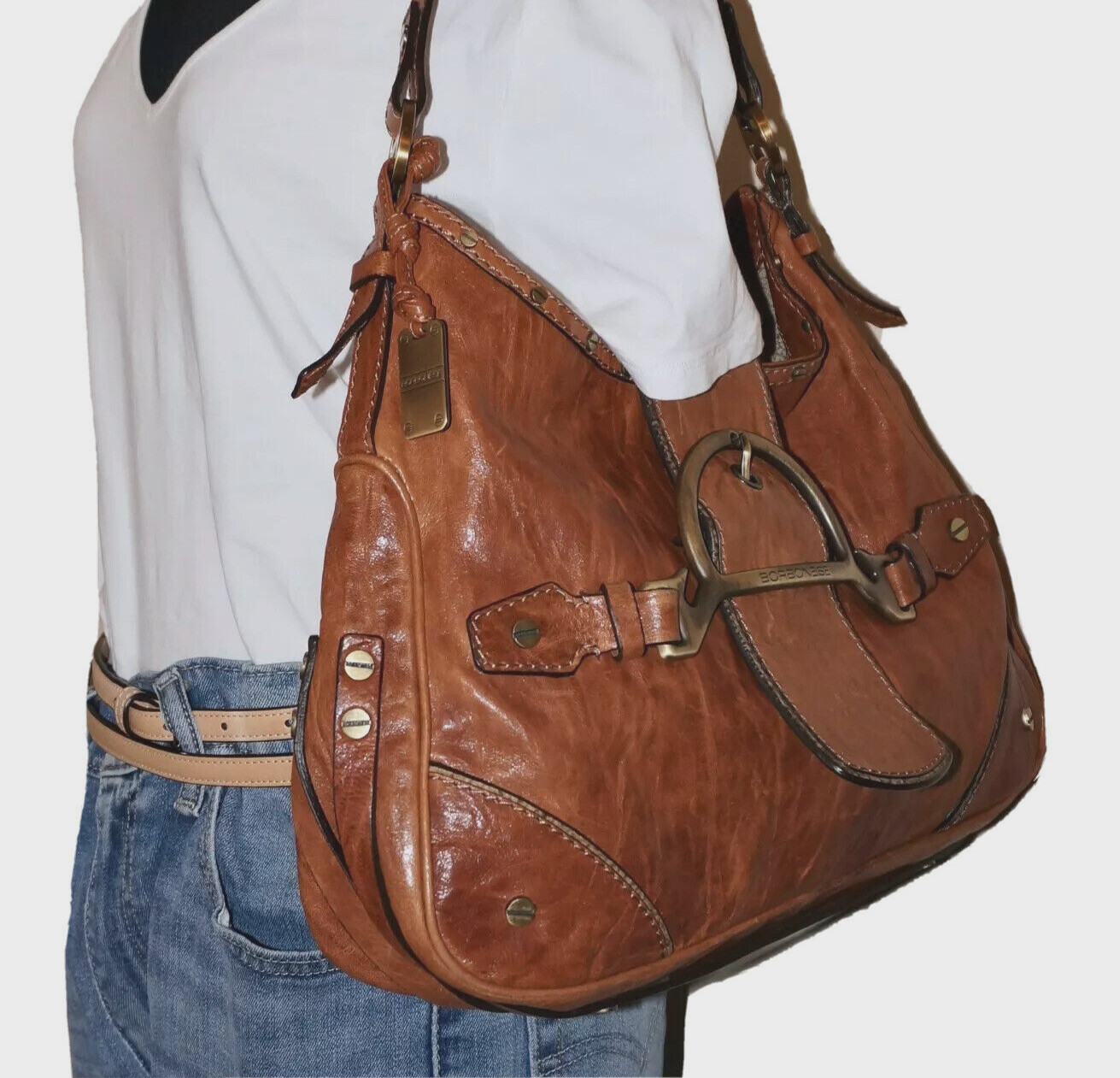 BORBONESE Rustic Ginger Tan Distressed Leather Sh… - image 2