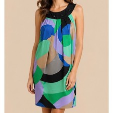 GUC Nine West Silk Multicolor Vintage Geometric Print Mini Shift Dress. Size 8.