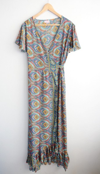 Cienna Designs Wrap Dress Medium 10 12 Colourful Floral Maxi Batik Boho Ruffle