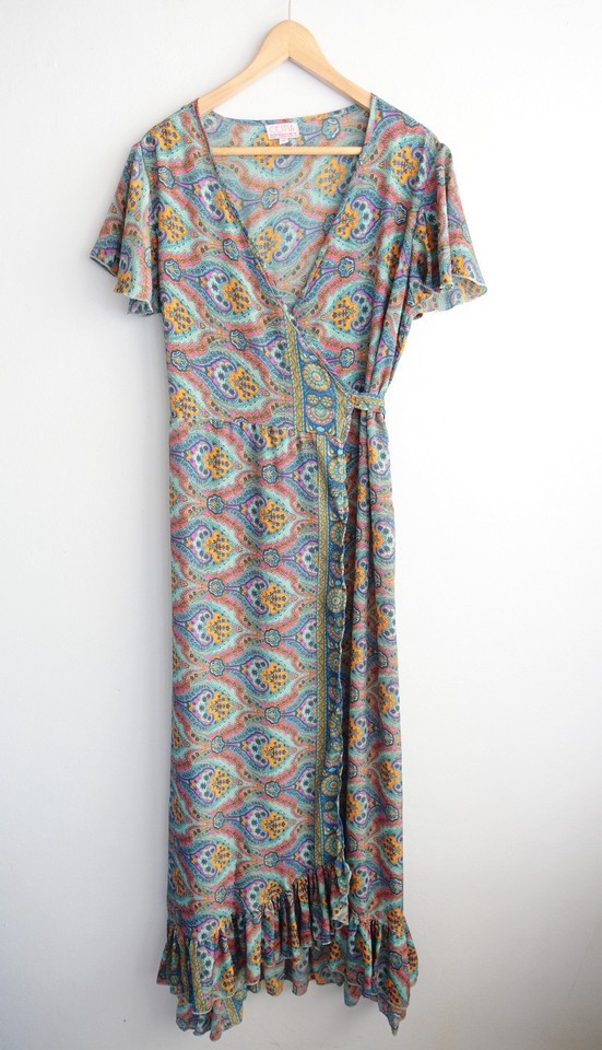 Cienna Designs Wrap Dress Medium 10 12 Colourful Floral Maxi Batik Boho Ruffle