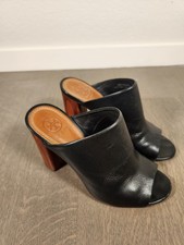 Tory Burch Raya Black LEATHER Open Toe Slip On Wood Block Heels size 7 Mules