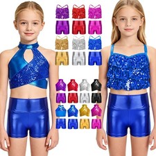 US Girls Crop Top And Short Show Sequin Training Metallic Competition Dancewear