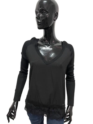Pull Femme Guess Noir Dentelle Élégant Manches Longues Casual Chic Taille S/40 - Photo 1/4