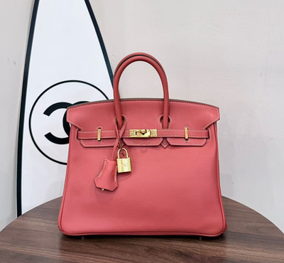 Auth Hermès Birkin 25 Small Handbag Coral Pink Leather Gold Hardware