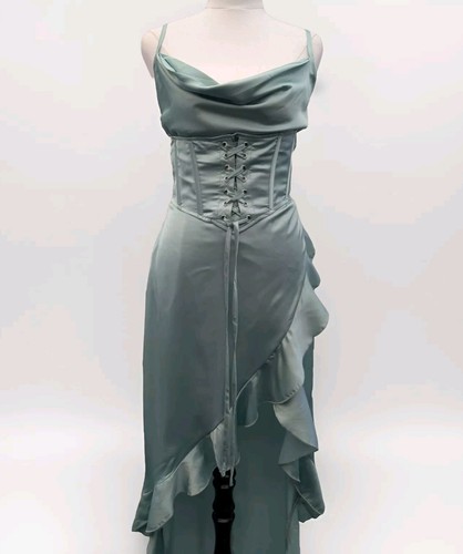 Blithe La Dress S Satin Green Corset Hi-Low Flounced Gypsy Peasant Boho Maxi - Picture 5 of 13