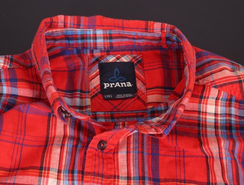 PRANA Men’s Large Short Sleeve Cotton Shirt -Red Blue Multi Plaid - Picture 10 of 11