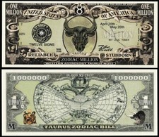 Zodiac Taurus Million Dollar Bill, The Bull - Lot of 2 Bills