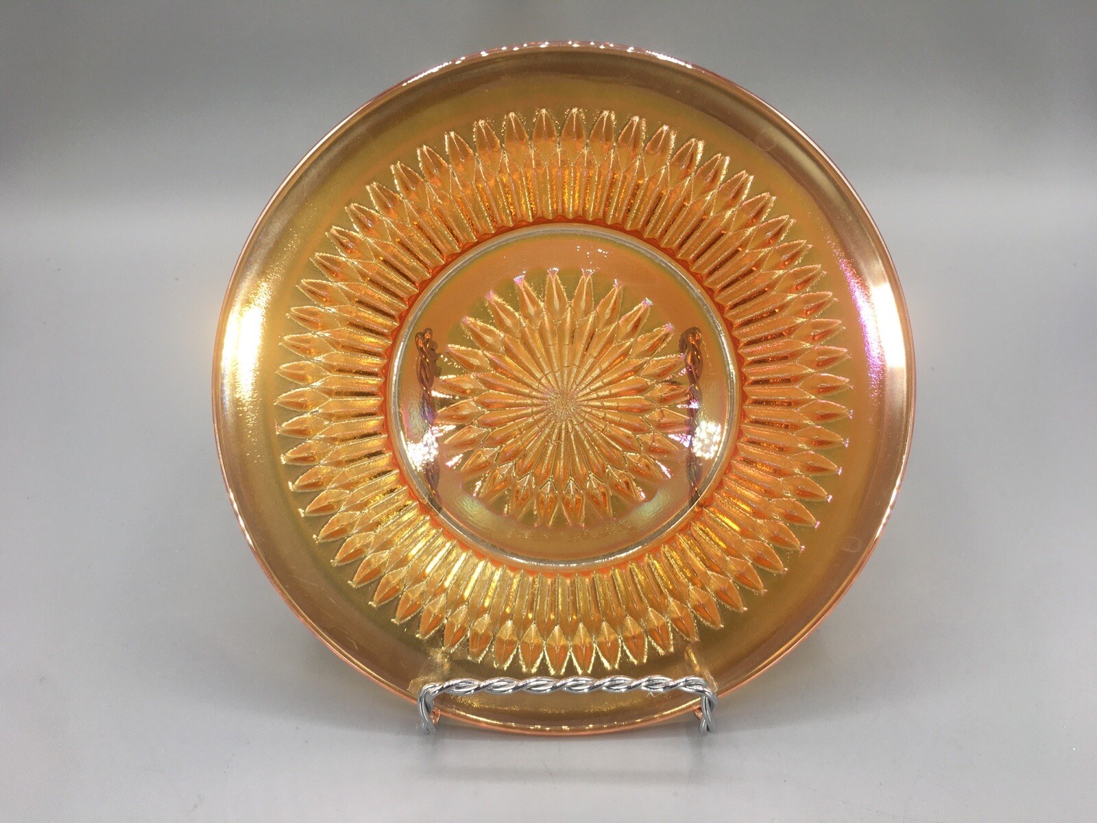 Jeannette Anniversary Marigold Carnival Glass Bread Plate Iridescent Vintage
