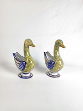 Pair of 2 Signed HB QUIMPER Duck Shaped Enameled Earthenware Vases