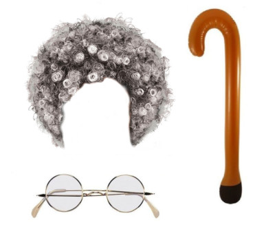Oma 3-teiliges Set (grauer Afro, aufblasbarer Gehstock & klare Brille) Kostüm