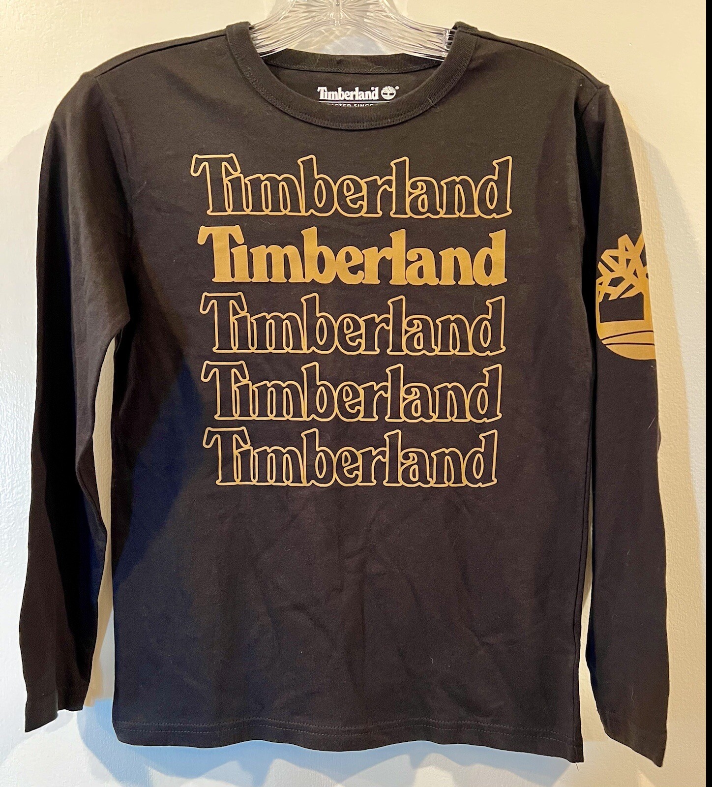 Timberland Boys Repeating Timberland Logo Long Sleeve T Shirt Size S/P/8 |  eBay