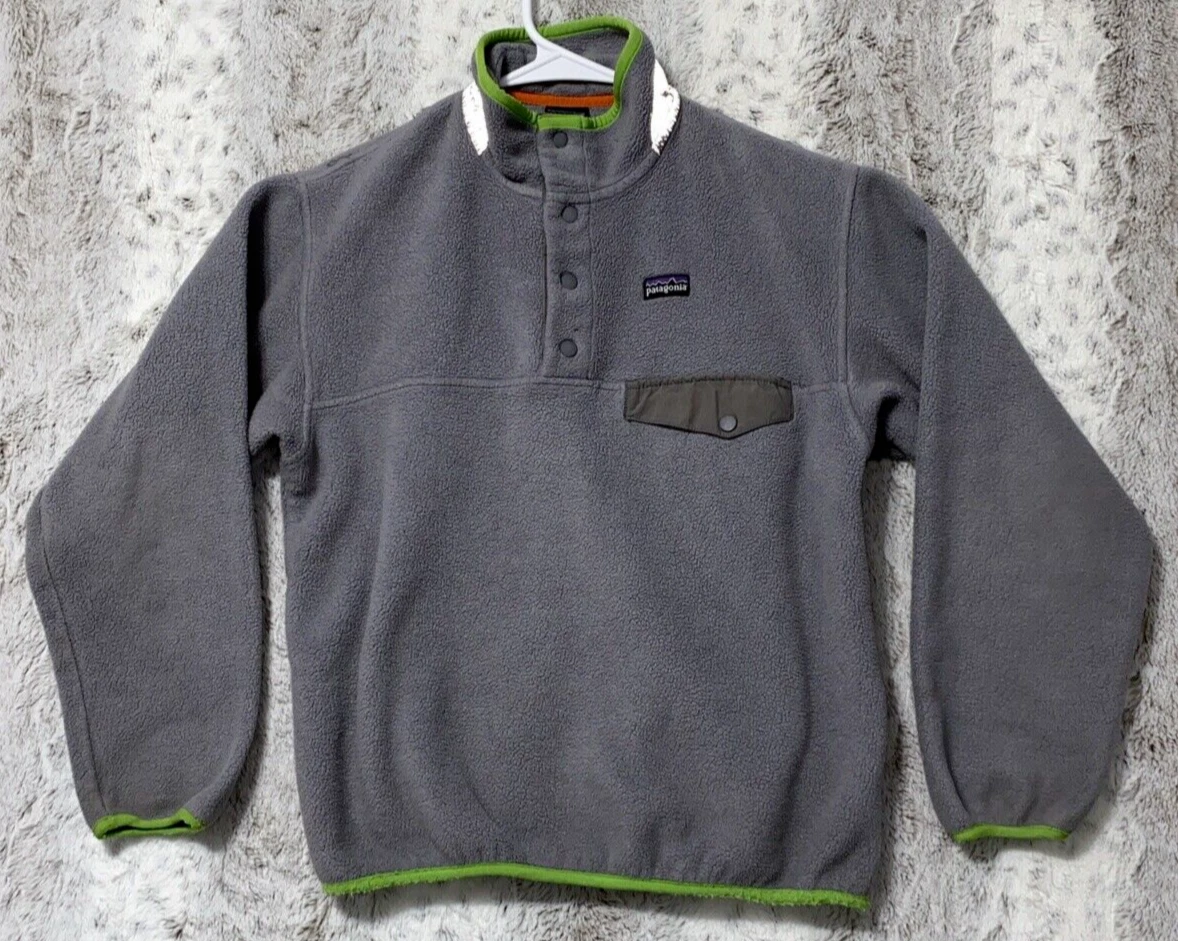 Patagonia Synchilla Gray & Green 1/4 Snap Pullover Fleece Jacket Youth