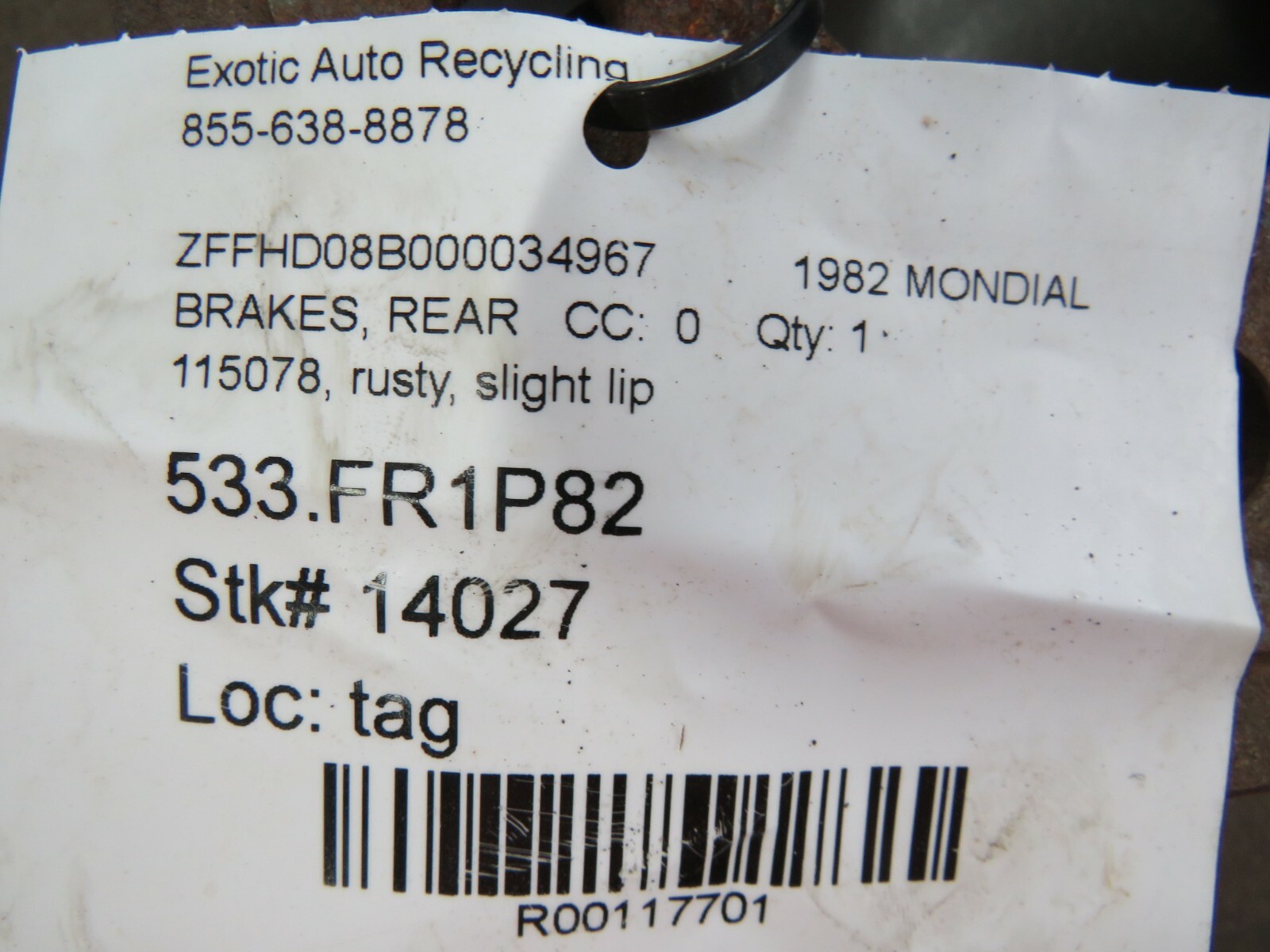 Ferrari Mondial, Rear Brake Disc, Used, P/N 115078 