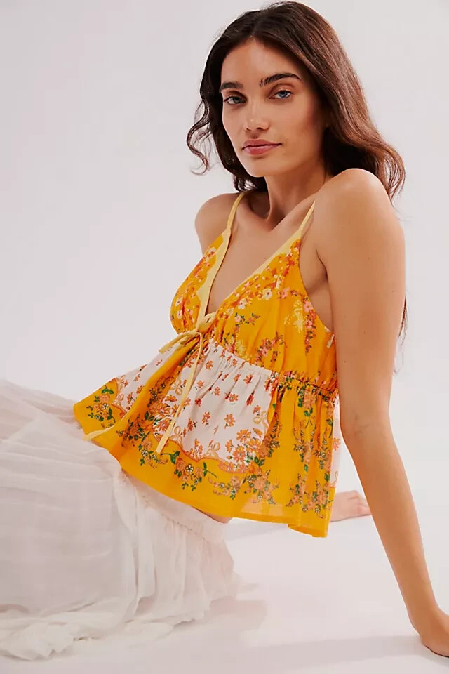 Free People Double Date Tank Printed Floral V Neck Babydoll