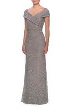 La Femme Platinum Off the Shoulder Ruched Lace Shimmer Trumpet Gown Size 16 439