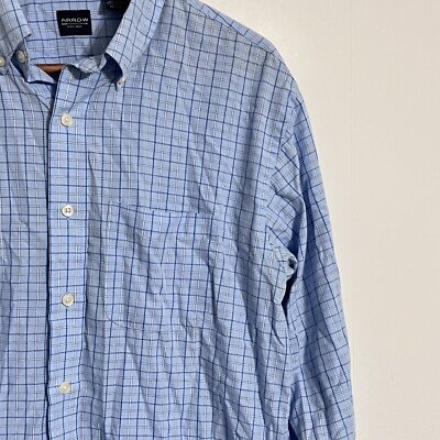 ②70s USA Arrow open collar shirt check M ARROW Long Sleeve Shirt S Blue Check 50S Open Collar Shirt