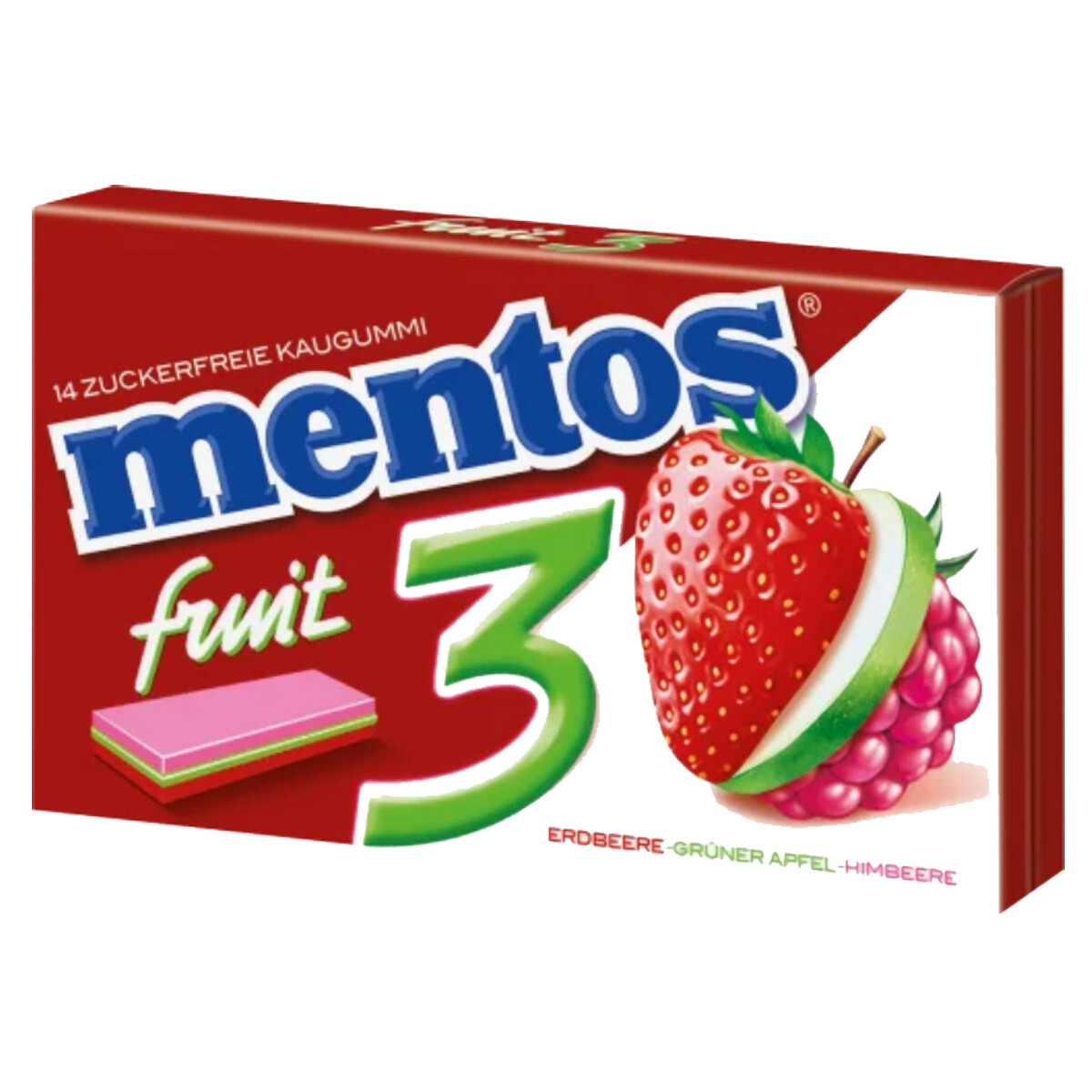 Mentos Gum 3 Fruit Fresa Manzana Verde Sabor Frambuesa 33g