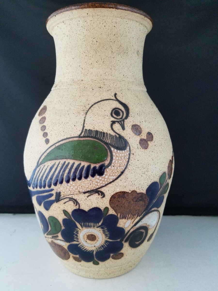 Stoneware Art Pottery Vase w/ Glaze Bird & Flower 9”h | eBay