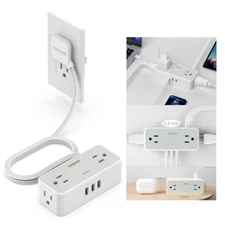 Surge Protector Power Strip Bar with Flat Plug 4 Outlet 3 USB for Desktop Office