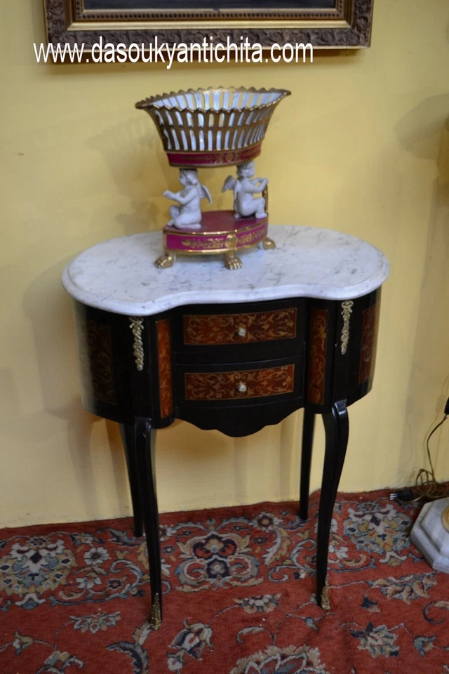 Comodino-tavolino a fagiolo ebanizzato con piano in marmo stile Luigi - Immagine 3 di 4