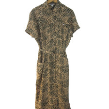 Vtg Robbie Bee Women 8 Tan Black Cheetah 100% Silk Belted SS Long Midi Dress Y2K