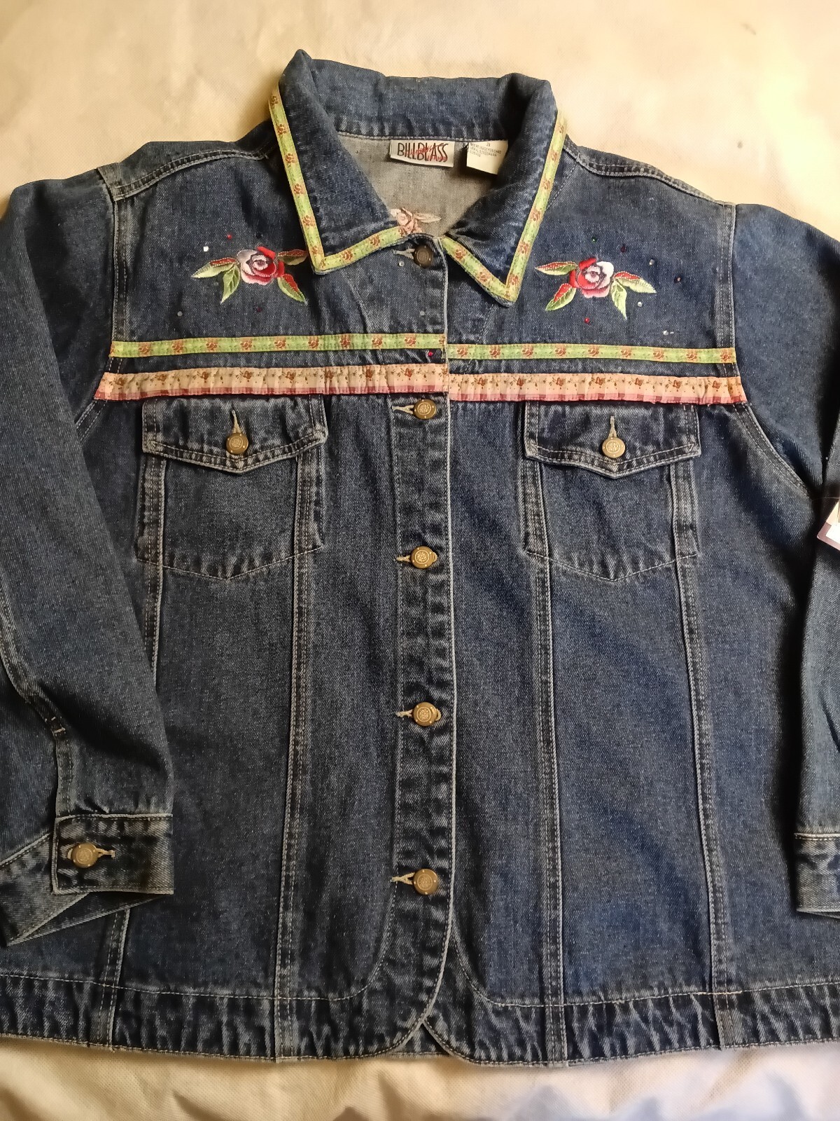 Bill Blass, Bill Blass Rose Embroidered Denim Jean Jacket 2X Deadstock Vintage Stonewash