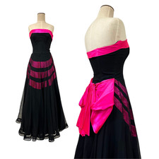 Vintage 1940s Shocking Pink Stripe Statement Bow Black Sheer Evening Gown
